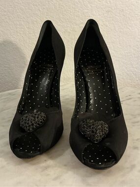 Moschino Cheap And Chic Black Peep-Toe Heels with Crystal Heart Accent